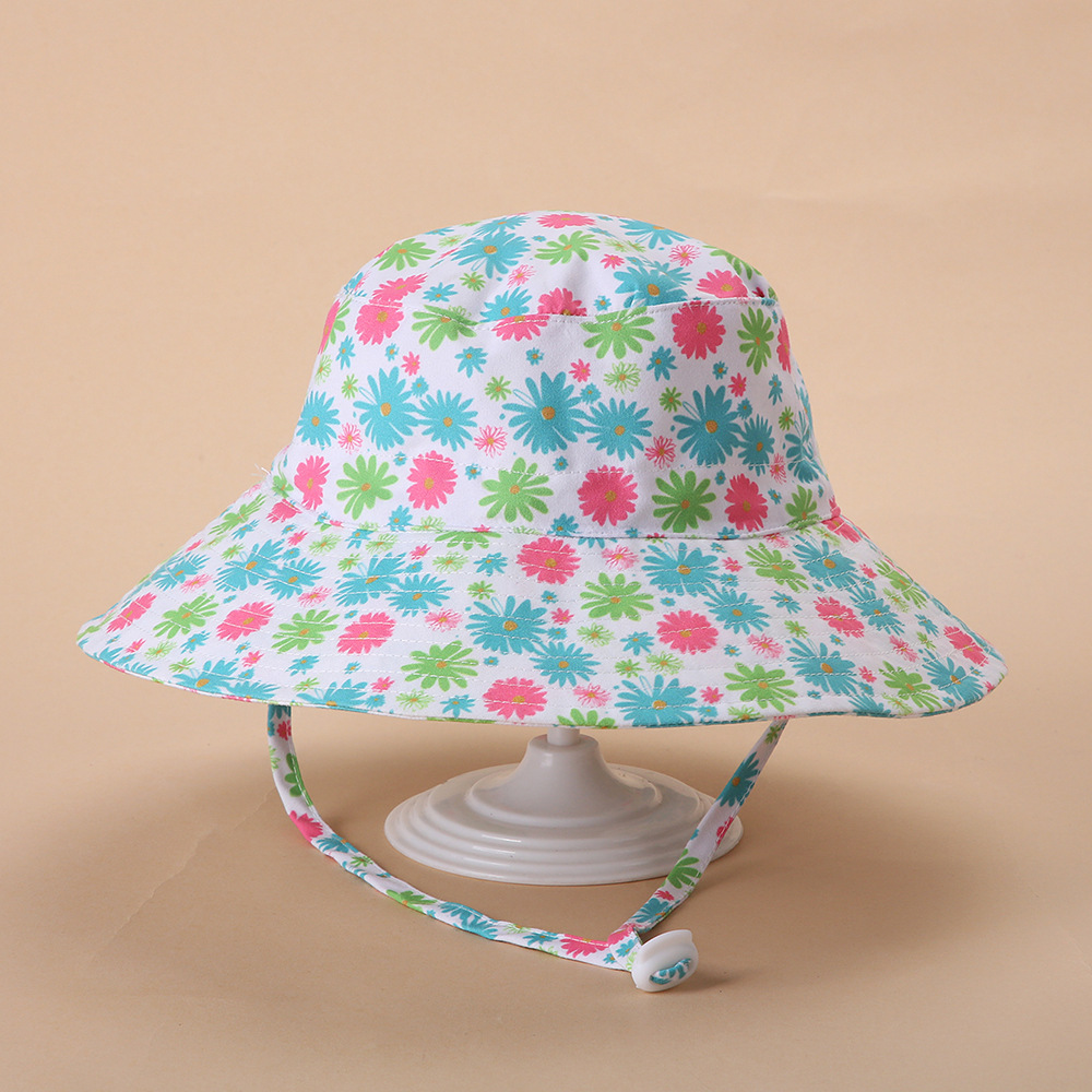 Blue flowers Adjustable Wide Brim Baby bucket hat Beach Hat