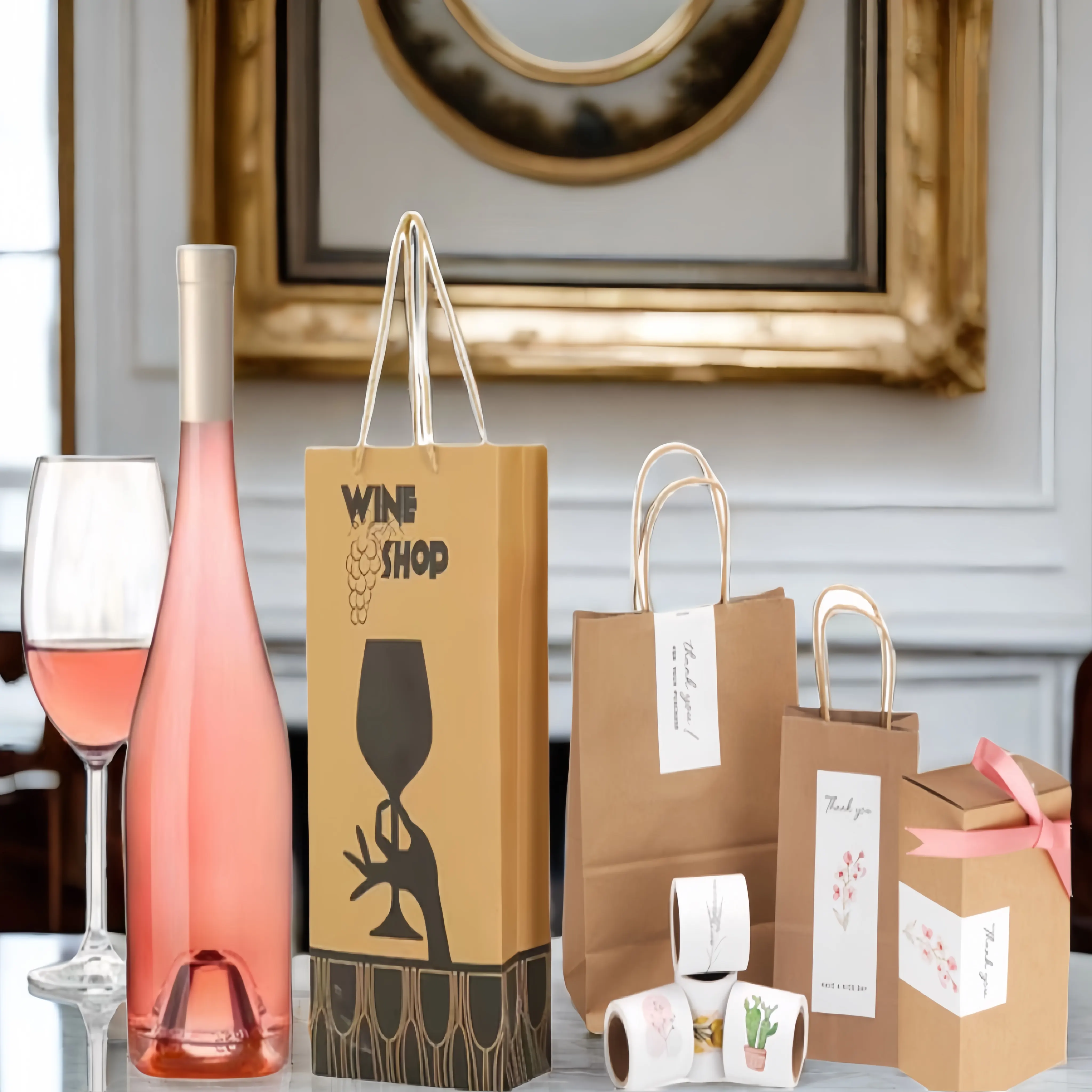 Bolsas de papel Kraft para botellas de vino, logotipo personalizado, regalos, caja de envío, bolsas de compras, bolsa de joyería de papel, caja de botella de vidrio de Perfume de lujo