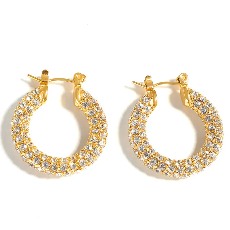 Wholesale Women Fashion Non Tarnish Free Waterproof Jewelry Stainless Steel 18K Gold Plated Micro Inlaid Diamond Hoop Earrings