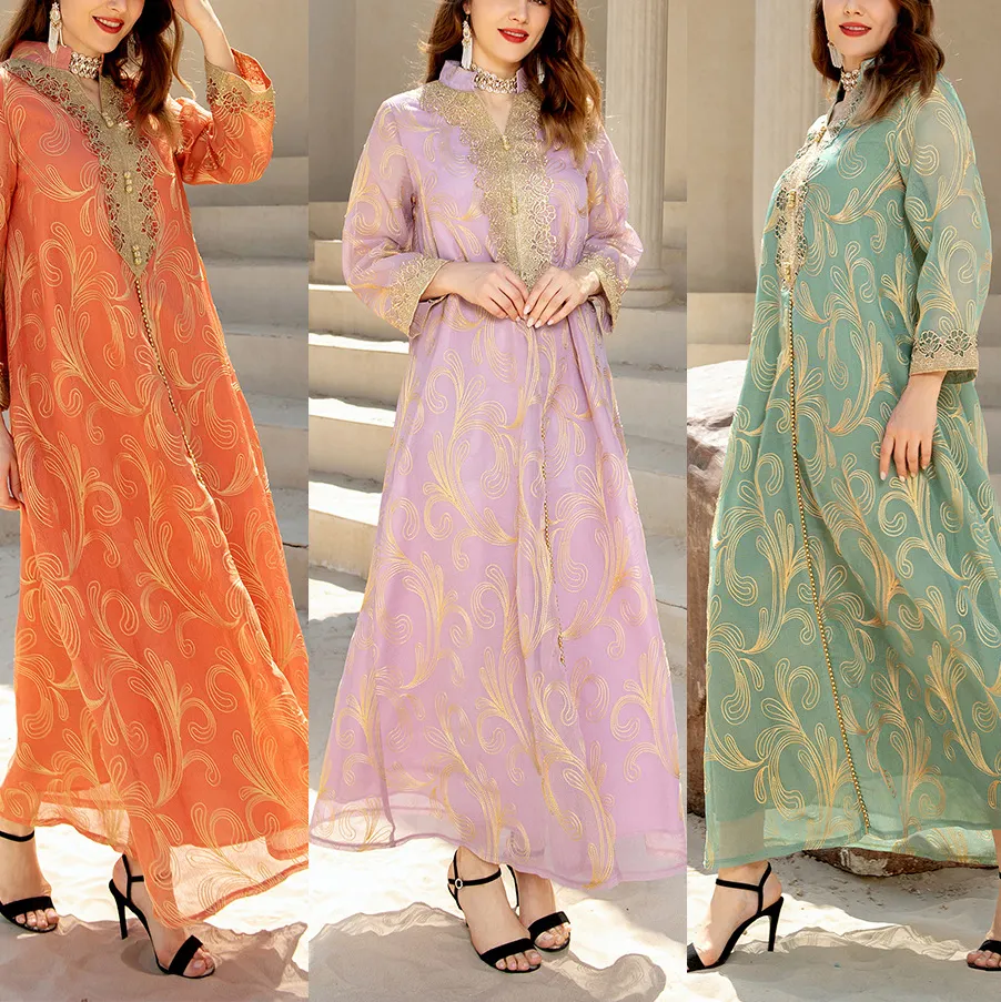 Elegant Ethnic Print Diamond Maxi Dress For Women Popularity New Mesh Lace Muslim Dubai Caftan Feminine Clothes Dress