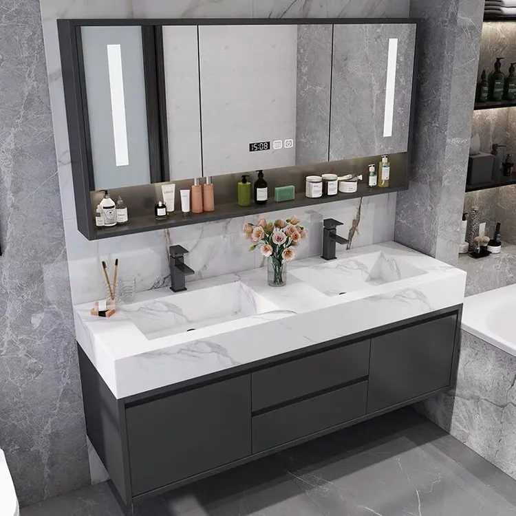 Juegos de muebles de baño modernos, gran lavabo doble de lujo, tocador de baño de alta calidad, armario de baño