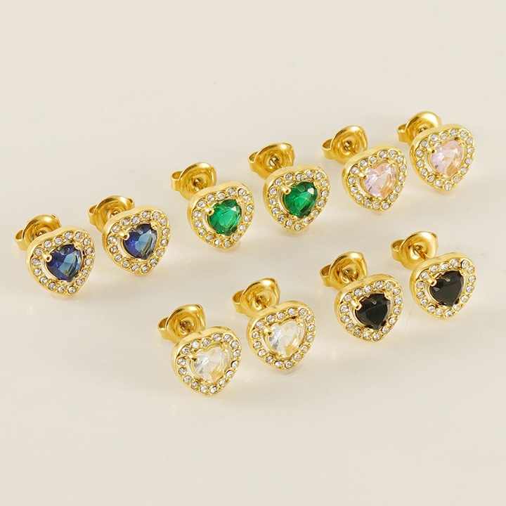 18K Gold Plated Stainless Steel Stud Earrings Heart Square Round Stud Earring for Women Cubic Zirconia Birthstone