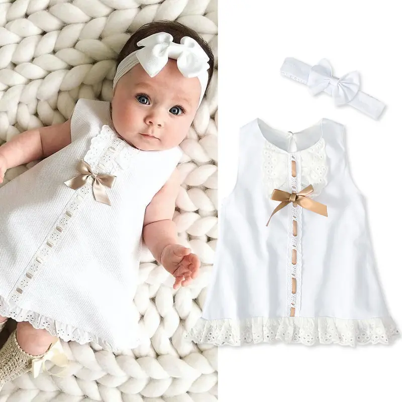 طفل ملابس الصيف 0-24M الرضع المولود الجديد فتاة الدانتيل اللباس أكمام Bowknot الصلبة ثوب مع عقال