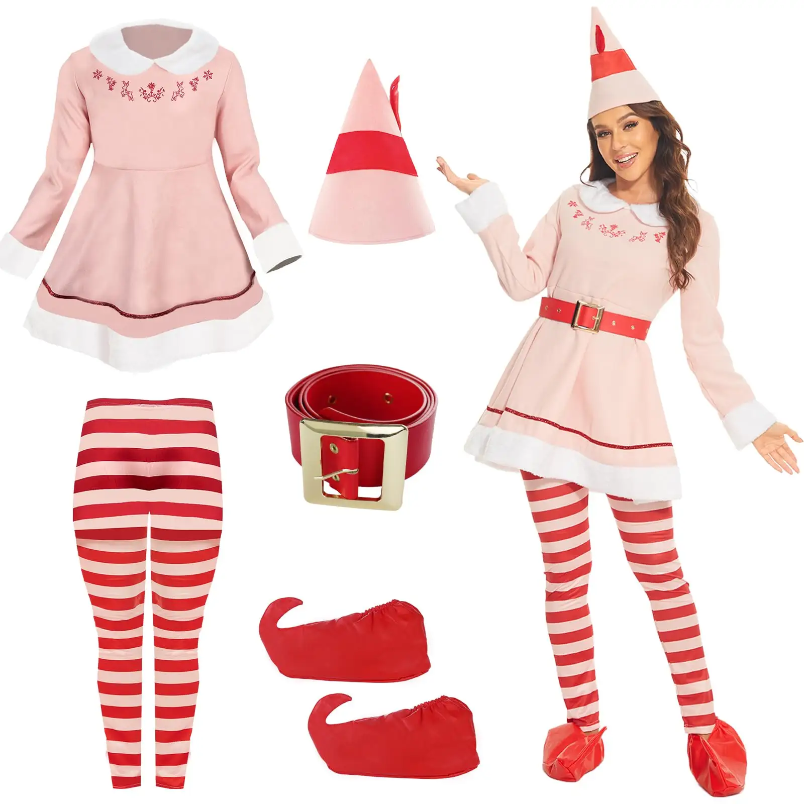 Funmular Elf Costume for Women Elf Dress Adult Christmas Elf Costume with Hat Belt Leggings