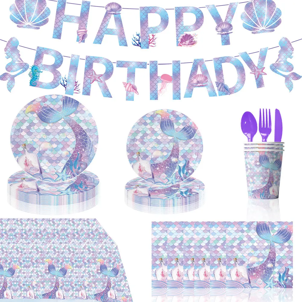 Petite sirène série anniversaire fête jetable assiettes en papier décorations de fête enfant sirène anniversaire enfants fête décoration