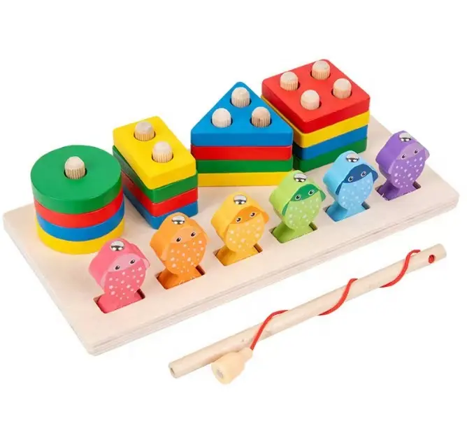 Wooden Shape Sorter Stacker Toddlers Puzzles Toy Geometric Shapes Toy Peg Puzzles Baby Wooden Stacking Sorting Toys Fishing Game