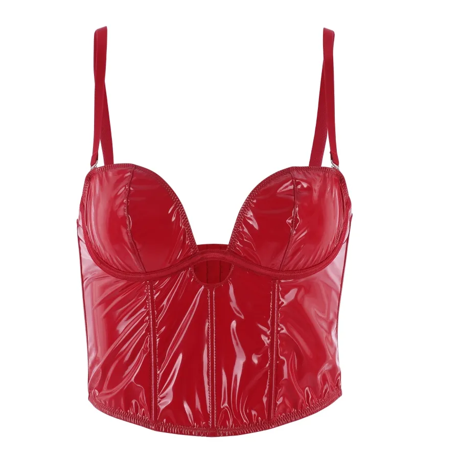 2024 ODM/OEM a buon mercato lucido cuoio PU W-filo corsetto osseo shapewear regolabile cinturino sexy caldo rosso per le donne