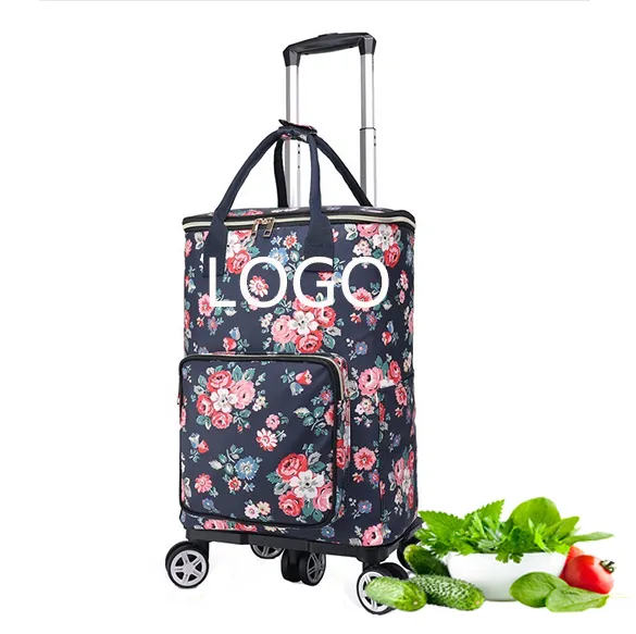 Outdoor picnic stripey picnic cooler bags custom logo insulated foldable shopping trolley takeaway cooler bag with wheels