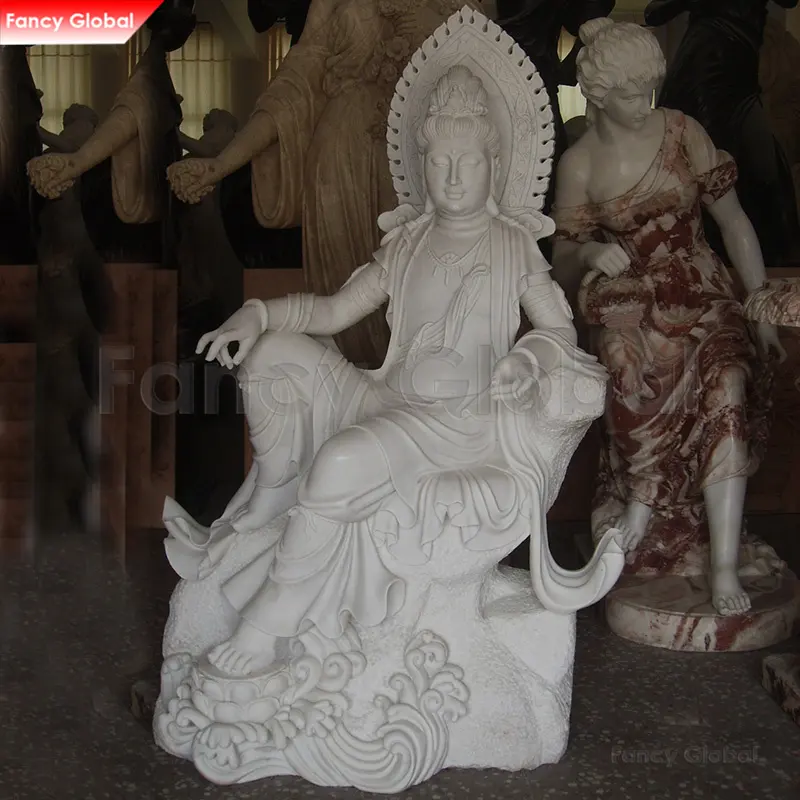 Fantasia classica pietra naturale bianca Kuan Yin statua scultura in marmo