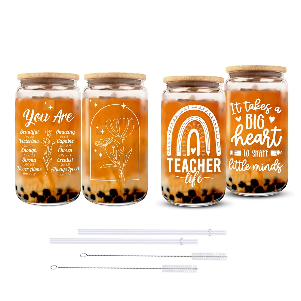 Logo personalizzato doppia parete smerigliato forma chiara può tazza di birra di vetro con 16Oz coperchi di bambù e paglia