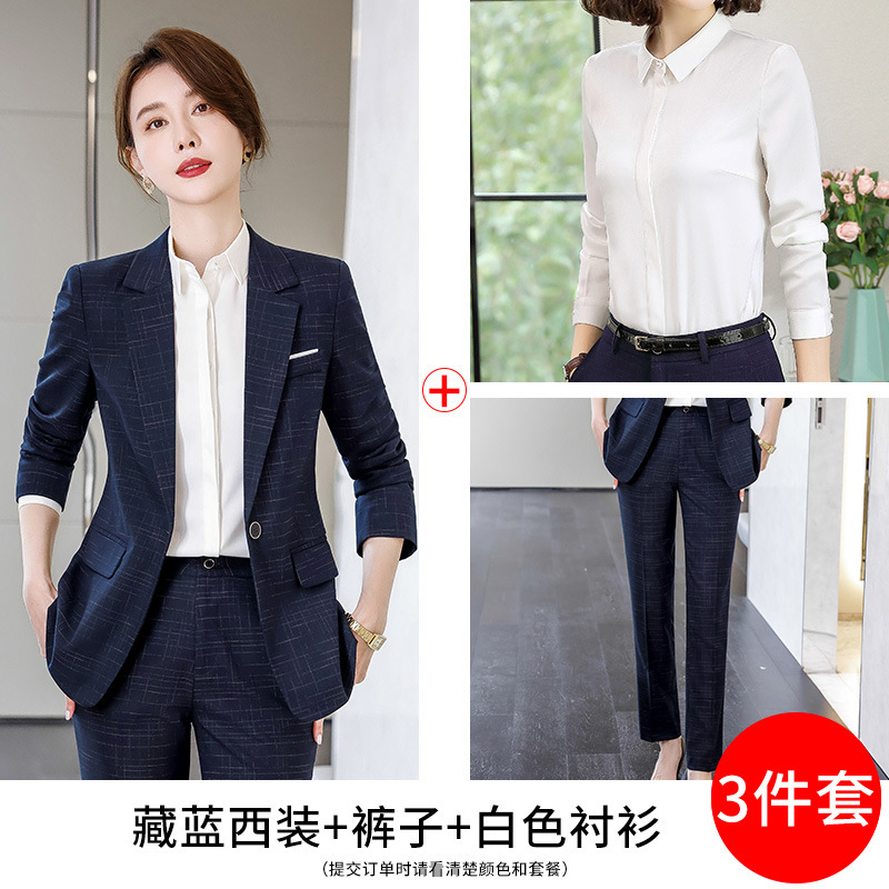 Navy blue suit, white shirt and trousers