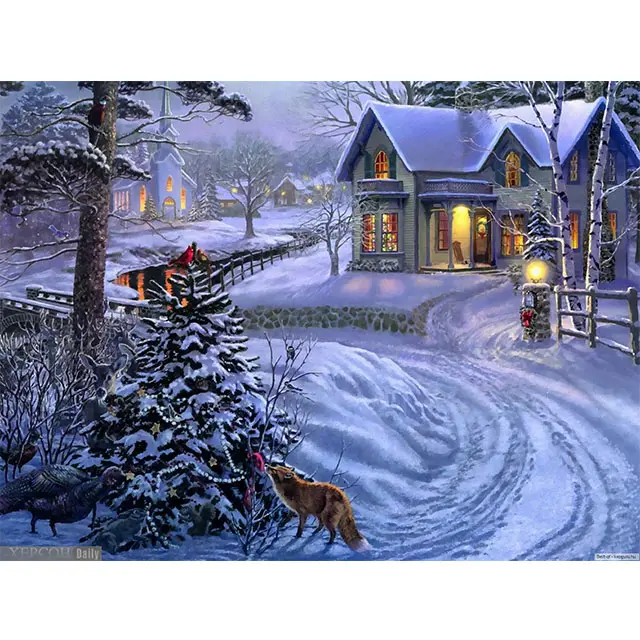 Paisaje de invierno de pueblo pequeño, imagen artesanal, pintura al óleo por números para adultos, pintura a mano