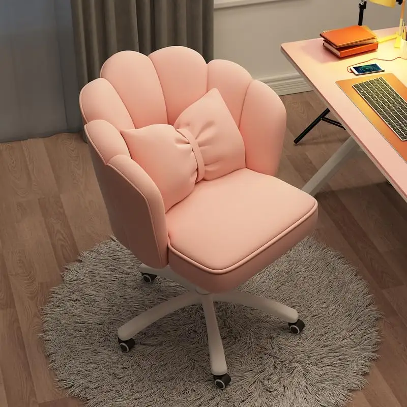 Silla de ordenador con forma de pétalo para estudio en casa, silla de oficina ajustable en altura, almohada con lazo, silla giratoria de maquillaje