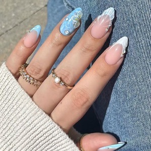 24 Pcs/set French Summer Floral, Shell, and Wave 3D Nails with Diamond Accents Nail <strong>Tips</strong> Press on Nails Wholesale Z896 - Product Image 1