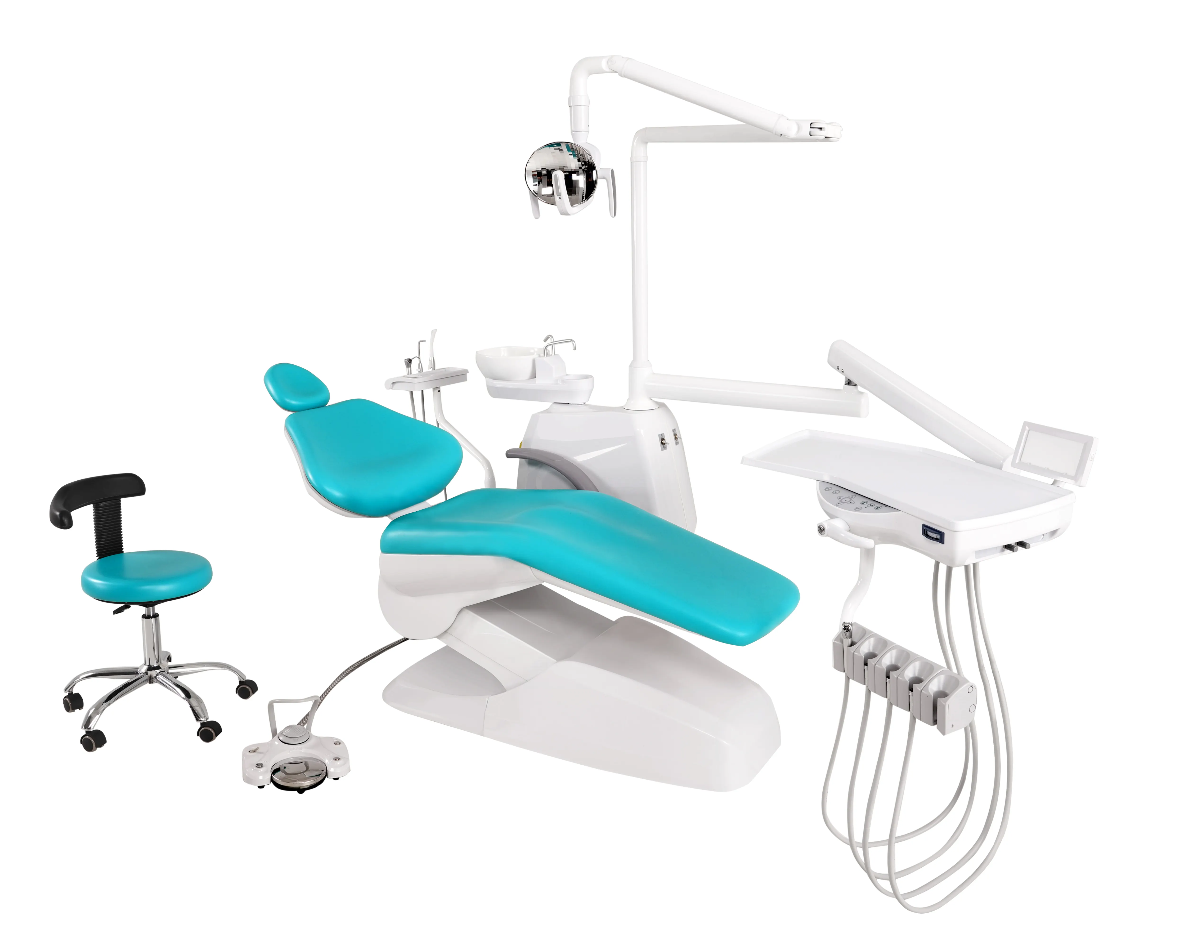 Unidad dental de tipo económico con bandeja de instrumentos montada hacia abajo, sillas dentales baratas, precios para clínica dental