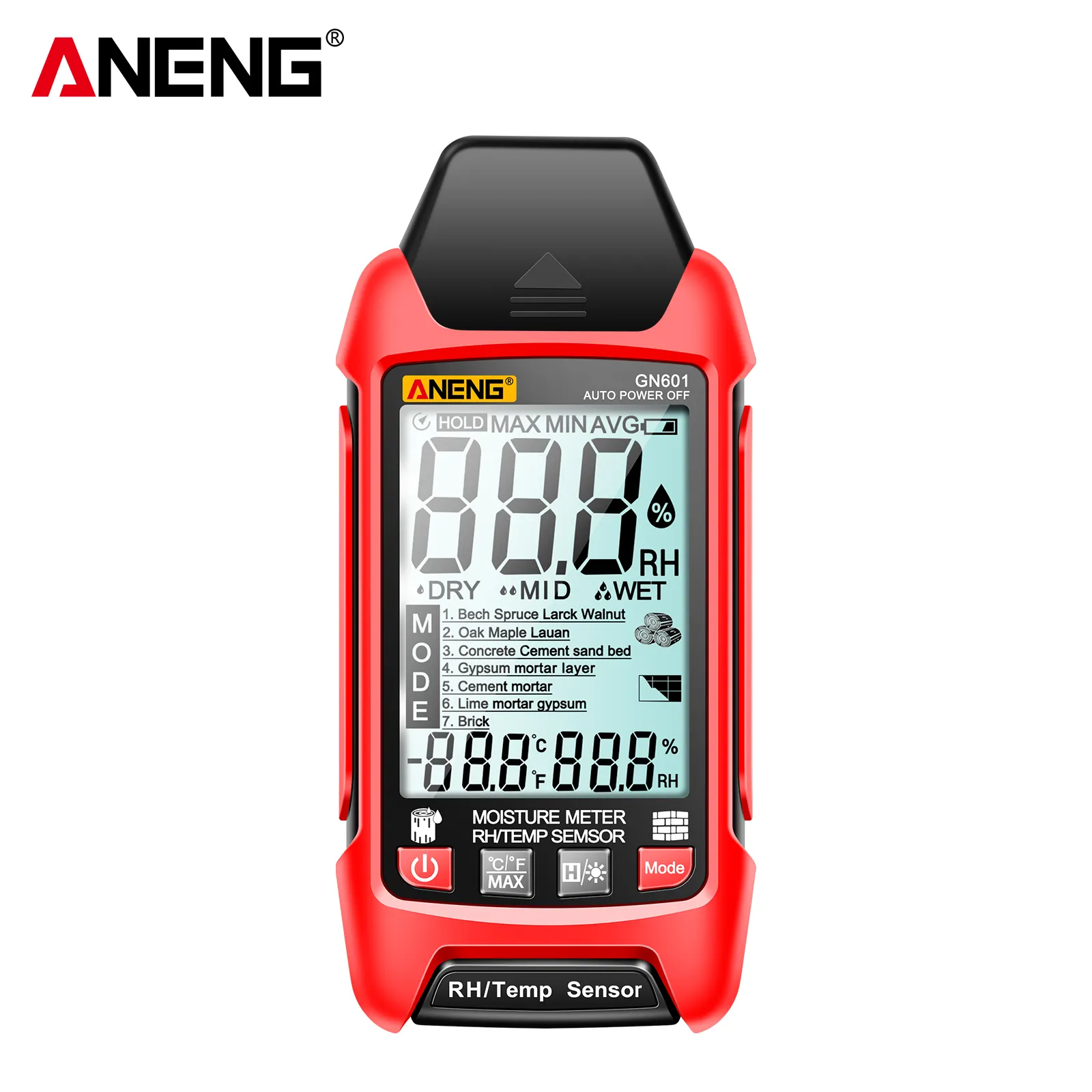 ANENG GN601 0 ~ 99.9% igrometro per legname 20.5% RH Display misuratore di umidità per legno Multiscene misura temperatura umidità sonda tester
