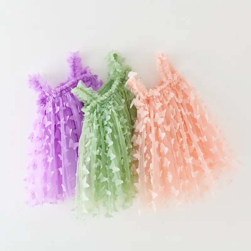 Verano nuevo estilo Super Fairy malla cumpleaños vestido gasa lindo mariposa sin mangas vestido niñas Niño