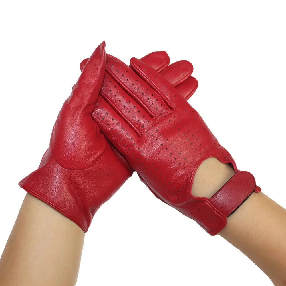 Mode Loch dünne Berührung sexy Dame Kleid echte rote Leder handschuhe Frauen