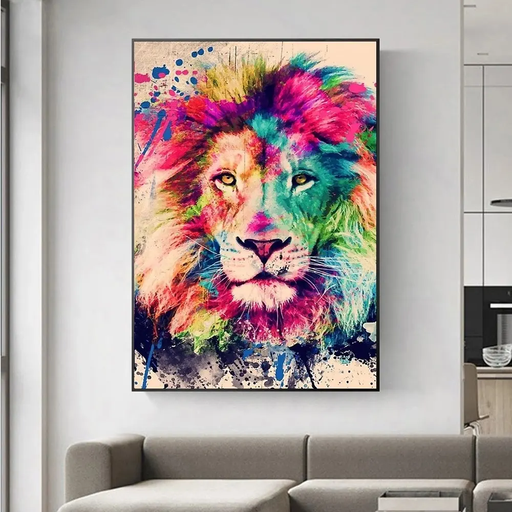 Abstrato Wildlife Graffiti colorido leão Poster impressão pintura a óleo Wall Pictures para sala de estar espelhos Frameless desenhar núcleo