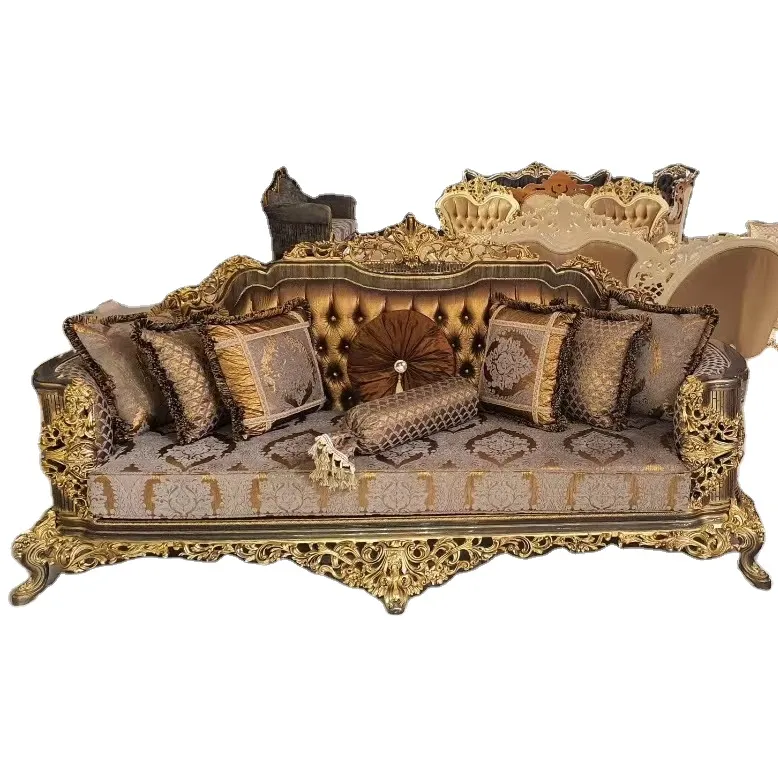 Sofá de madeira esculpida estilo europeu estilo clássico para sala de estar, conjunto artesanal com desenho turco Chesterfield, embalado com segurança