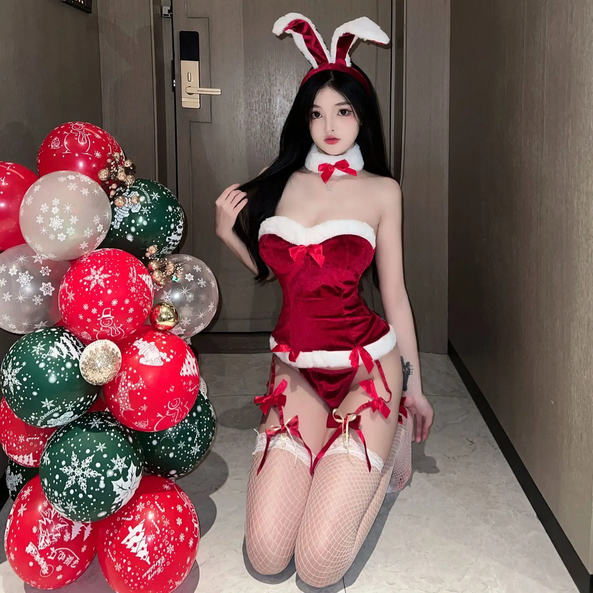 Christmas Sexy Plunge Vest Short Dress Bunny Girl Role Play Seduction Set