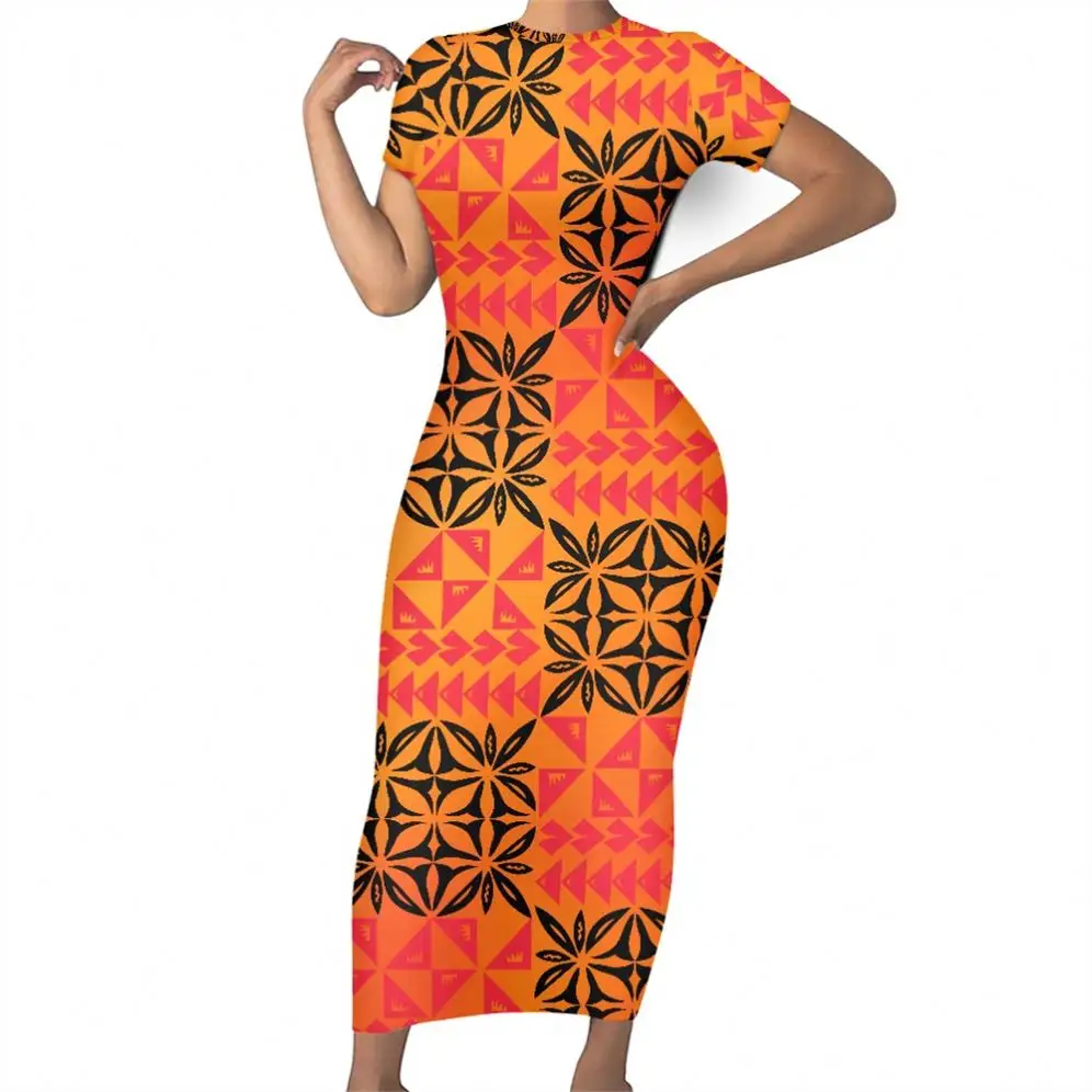 Samoan-vestido con estampado de estilo Tribal para mujer, Vestido de manga corta con cuello redondo personalizado, vestidos sexys de tacto suave para chica, venta al por mayor de fábrica