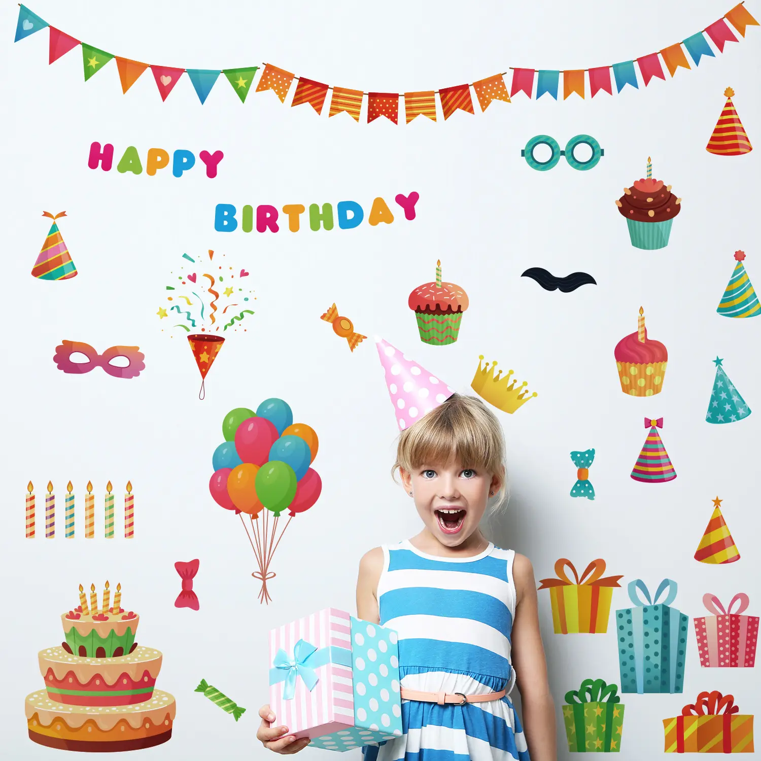 Çocuklar için mutlu doğum günü çıkartmalar balon kek parti dekorasyon yetişkinler için duvar çıkartmaları doğum günü malzemeleri sticker süslemeleri