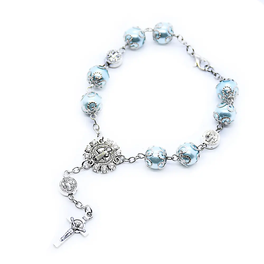 Braccialetti di perle di vetro rosario per ragazze con ciondolo croce battesimo cattolico battesimo matrimonio doccia bomboniera festa di compleanno