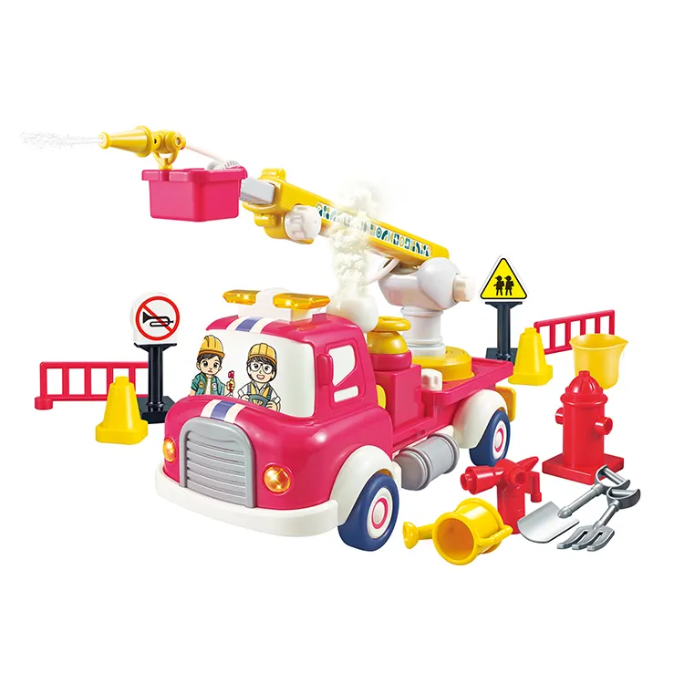 ITTL new cartoon B/O autocarro elettrico in plastica pull back auto antincendio giocattolo con musica leggera