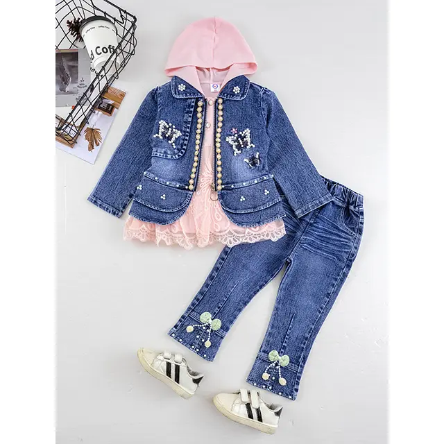 सस्ते थोक बच्चों के कपड़े लड़कियों का सूट बेबी जींस कोट बच्चों का डेनिम सेट फैशन गर्ल 3 पीस डेनिम सेट