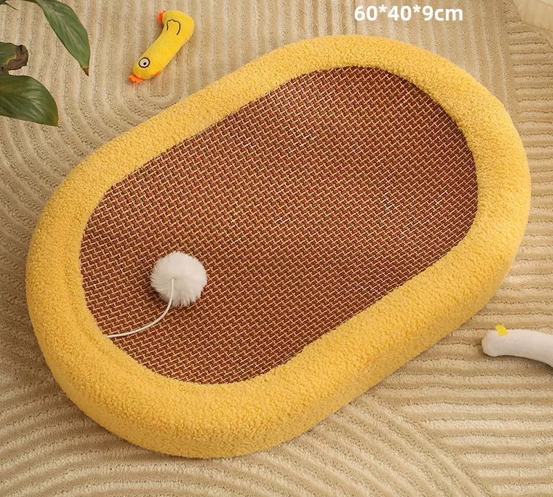Lit pour chat ovale jaune (tapis en rotin)