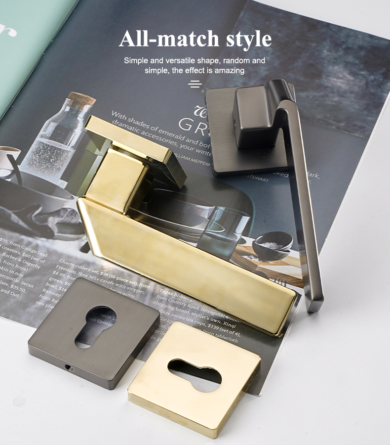 Unique Style Zinc Alloy PVD Gold Square Bathroom Hoom Door Handle Hardware Interior Door Lock