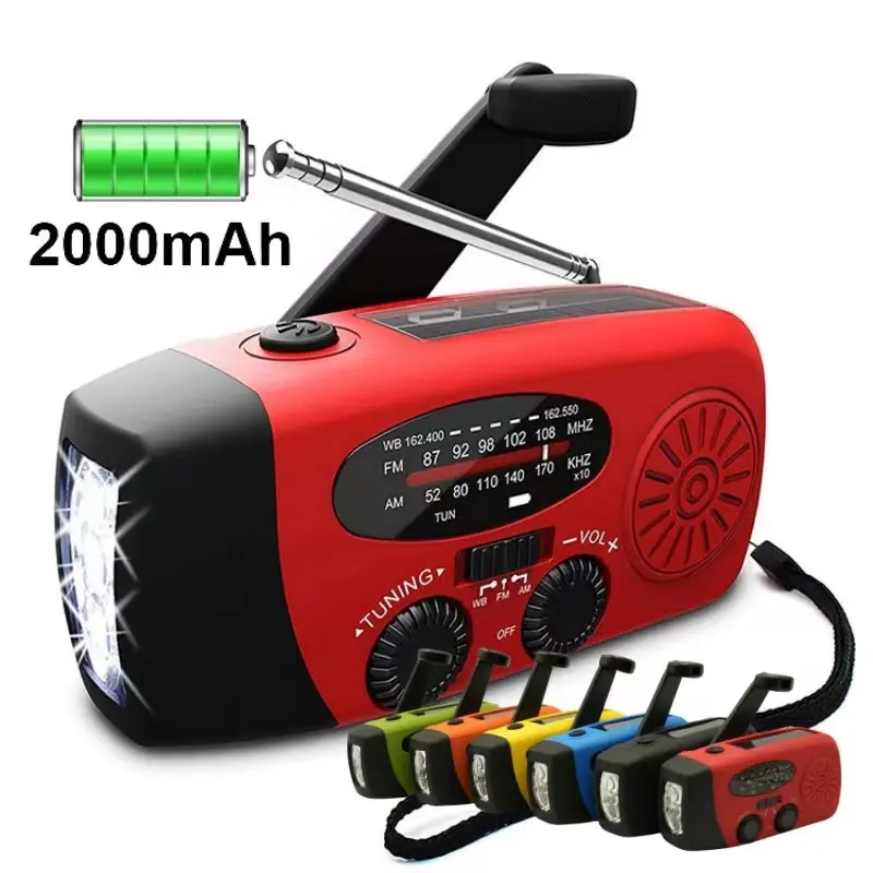 Radio à manivelle solaire d'urgence rechargeable portable 2000mAh WB/NOAA avec chargeur de téléphone et torche LED Radio d'urgence FM