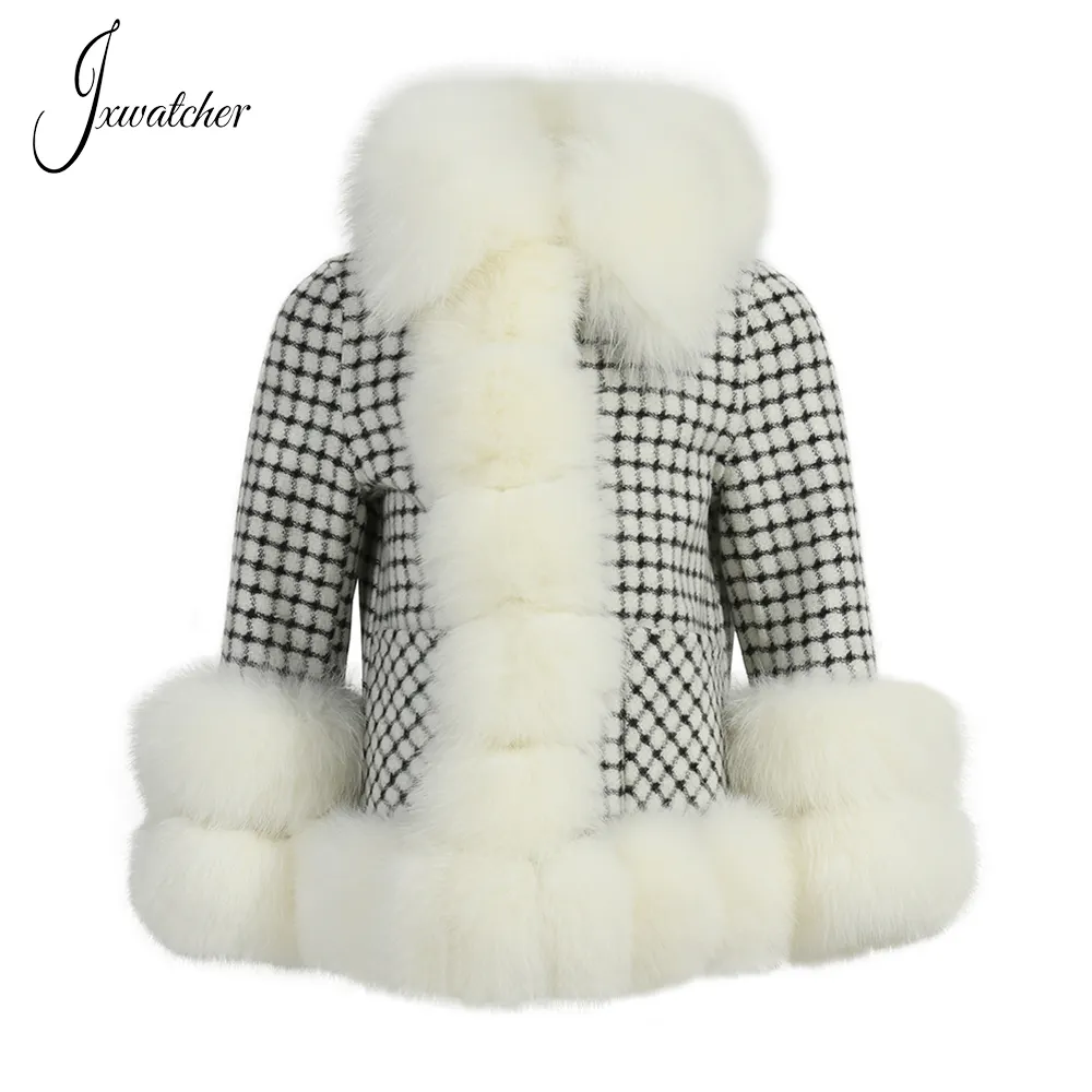 Cappotto di lana a doppia faccia per bambini carini all'ingrosso con collo e polsini in vera pelliccia di volpe cappotto invernale per bambini 100% Cashmere