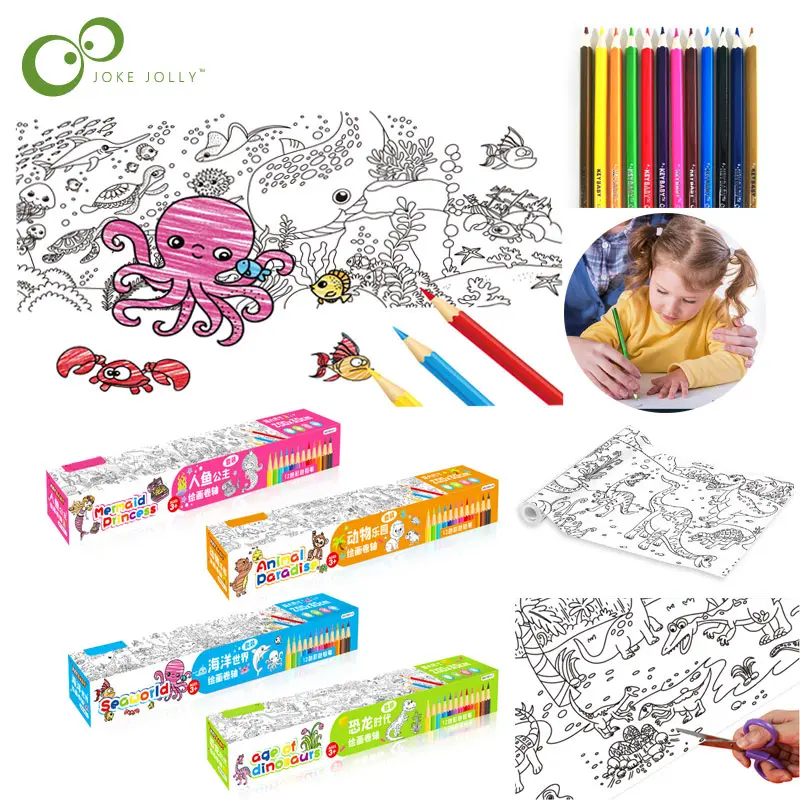 Papel de coloração de brinquedos para crianças, presente de ano novo, grafite 200x30cm, rolo longo, conjunto de pincéis de dinossauro de 12 cores, xpy