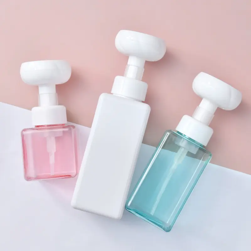 Design exclusivo Luxury Flower Mousse Square Foam Bottle 250ml PET Cosmetic Liquid Soap Hand Wash Plastic Colorful Foam Pump Bottle
