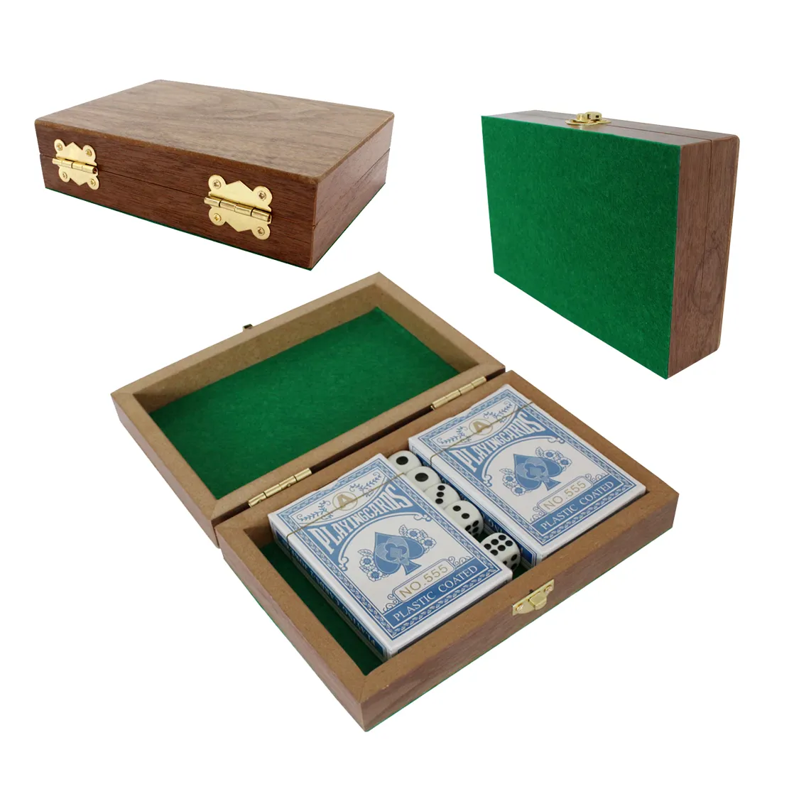 Poker con scatola di legno colorata noce personalizzata 2 mazzi di carte e 5 dadi