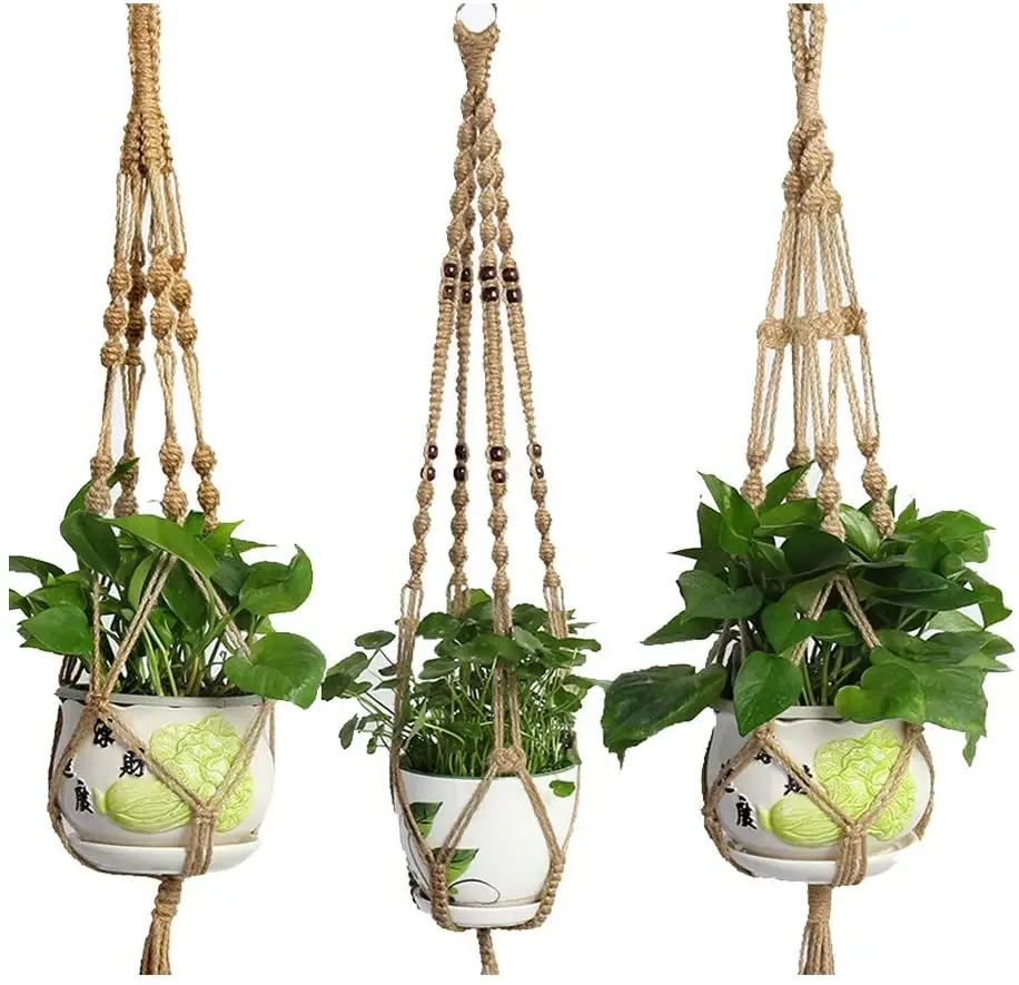 Set di 3 Macrame Gancio della Pianta di Juta Corda di Perline Appeso A Parete Fioriera Cestino per Interni Esterni Vaso di Fiori Pianta Titolare