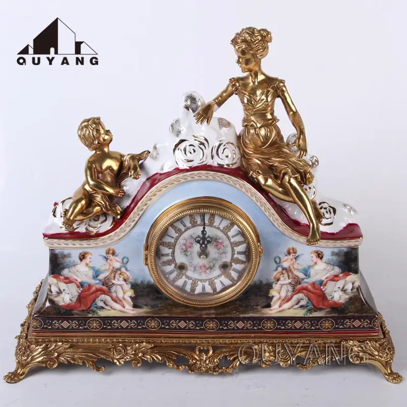 QUYANG Aksesori dekorasi rumah Italia antik emas antik perunggu kuningan jam meja patung ibu dan anak