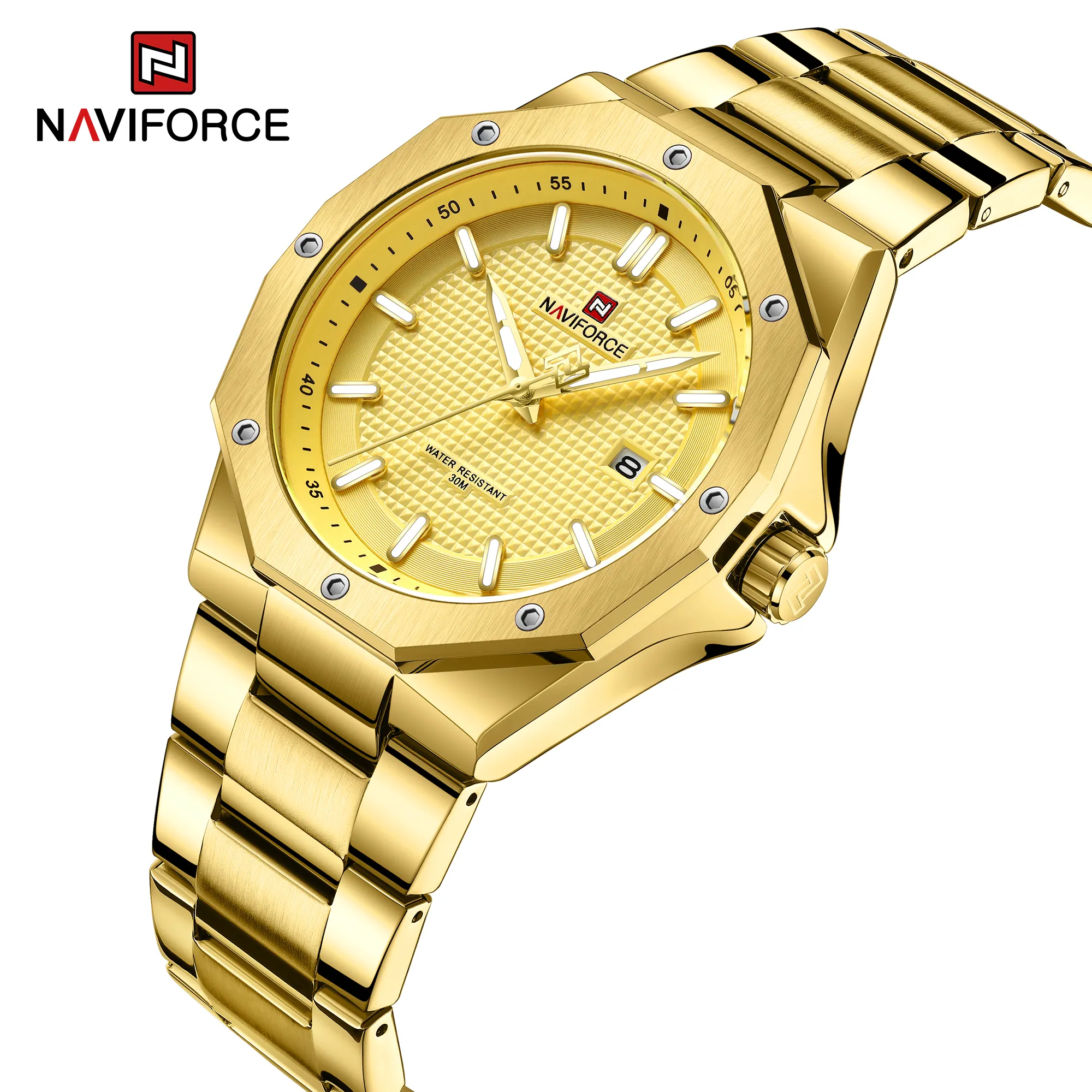 Naviforce 9200 एस क्वार्ट्ज कैलेंडर सोने आदमी घड़ी स्टेनलेस स्टील के निविड़ अंधकार हाथ घड़ी बनाने लोगो चमकदार घड़ी