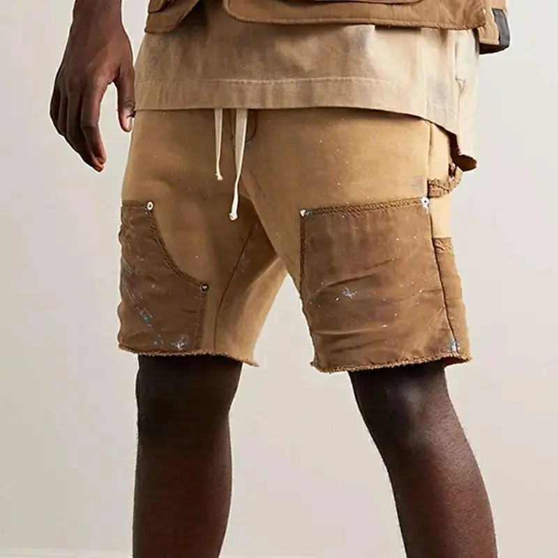Pantalones cortos de algodón informales de alta calidad personalizados al por mayor, pantalones cortos para hombre lavados con salpicaduras de pintura