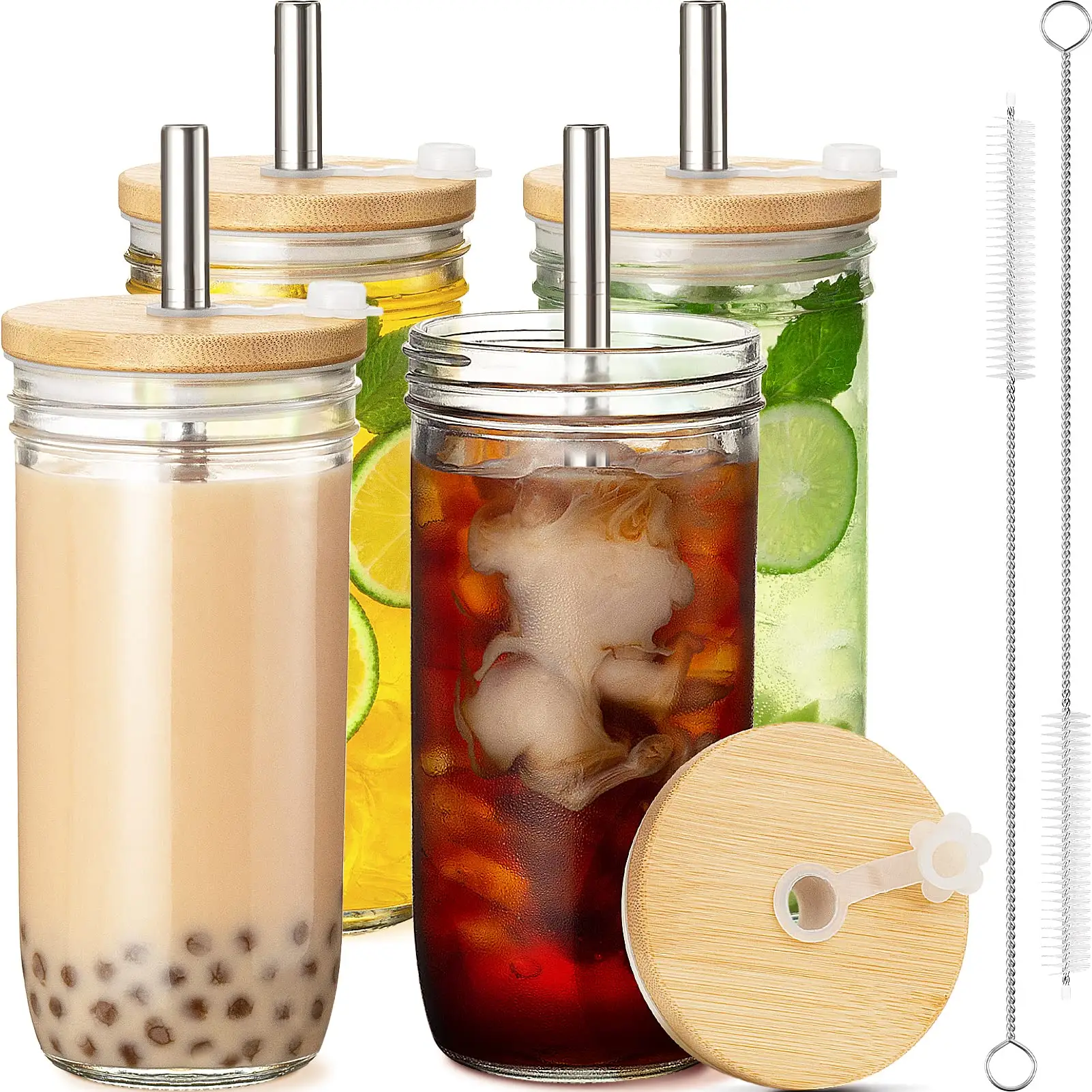 Copos de vidro reutilizáveis de boca larga 16 onças, 24 onças, copos de café gelado, copos de madeira com tampa de bambu e canudos para festas e viagens