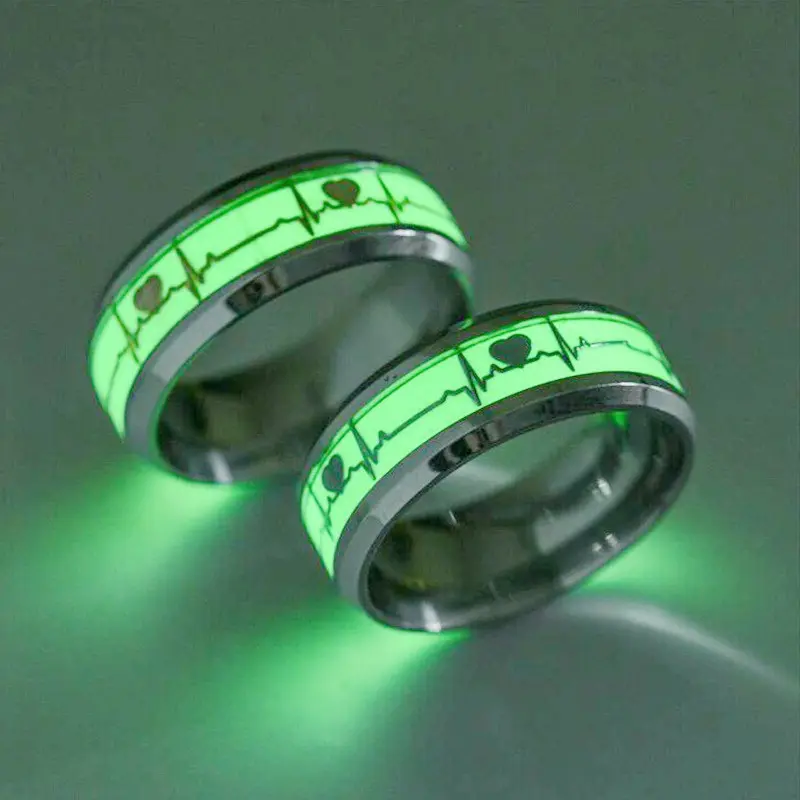 Anillo plateado luminoso para hombre, fondo verde con incrustaciones de dragón dorado oscuro, anillos fluorescentes de acero inoxidable