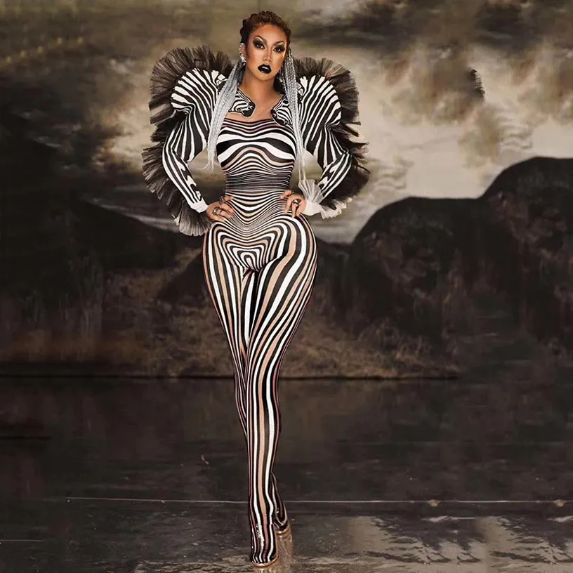 Macacão sexy para mulheres, padrão de zebra e cavalo, roupa de palco para singer e mulheres, fantasia de dança, cosplay, show, 2022