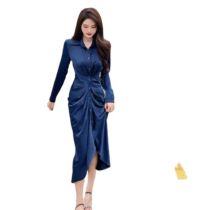 Vestido sencillo con botones para mujer, ropa informal asimétrica con escote en V y manga larga con escote en V