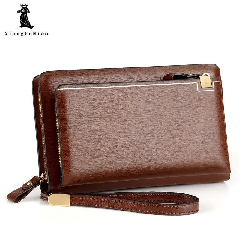 XIANGFUNIAO-Bolso de mano largo de cuero para hombre, Cartera de negocios con doble cremallera, informal, color negro y marrón