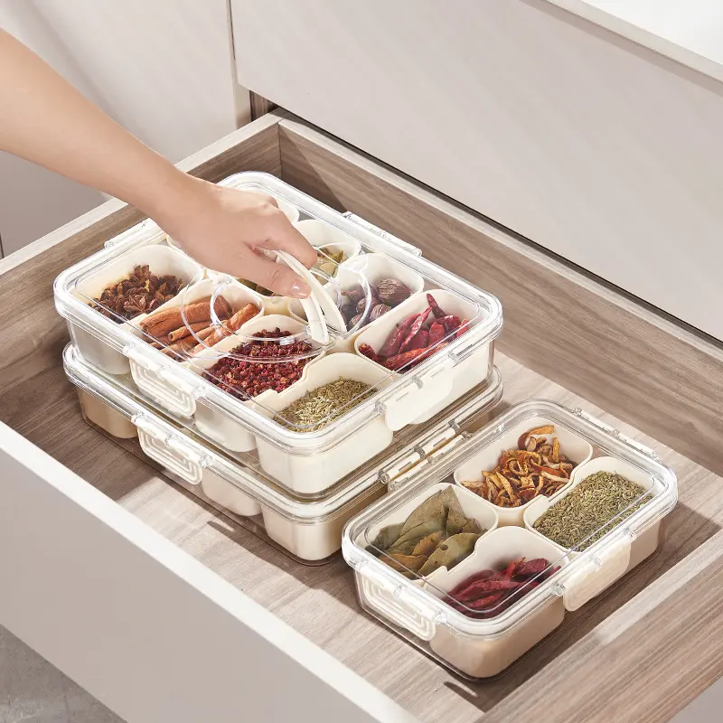 キッチンオーガナイザー8コンパートメントスパイス収納容器プラスチック製透明分割フードサービングトレイ蓋とハンドル付き