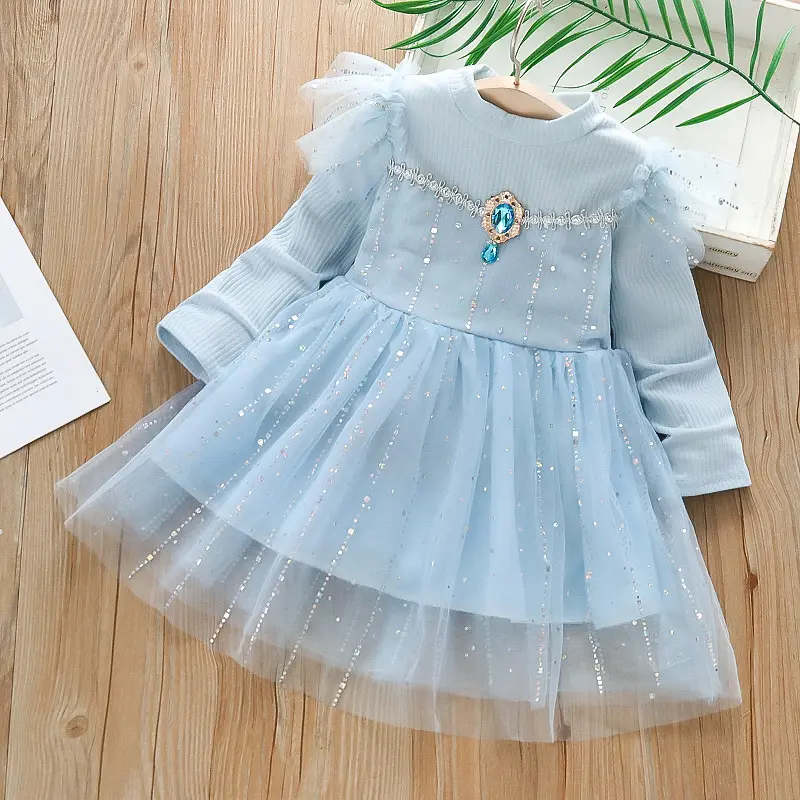 Vestido de festa para meninas, vestido casual personalizado de manga longa e malha com babado para bebês de 1-6 anos de idade