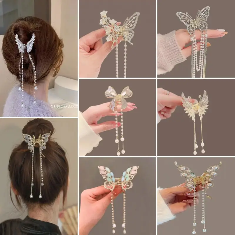 Hot selling new mini pearl butterfly tassel claw clip summer metal hair clip women's back head hairpin headdress