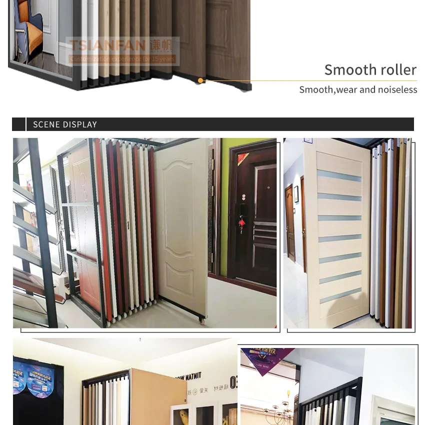 Hot selling horizontal sliding display frame frameless solid wood composite door sample for showroom wooden door display stands